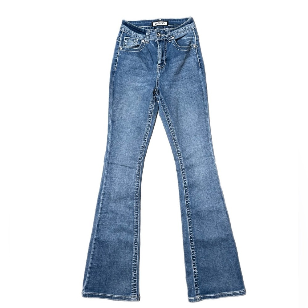 Legend Women's Flare Jeans in Classic Blue with Rhinestones